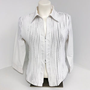 Stera Mesh Stripe Dual Zipper Black & White Blouse